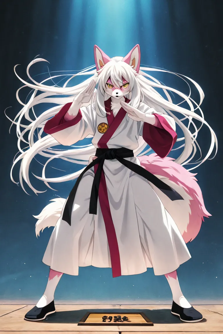 Kitsune male(white and pink fur), fursona, furry, white very long hair, yellow eyes, anime asthetic, with his long white hair, in anime style, handsome anime pose, aesthetic award winning anime, in an anime style, anime. soft lighting, flowing hair and lon...