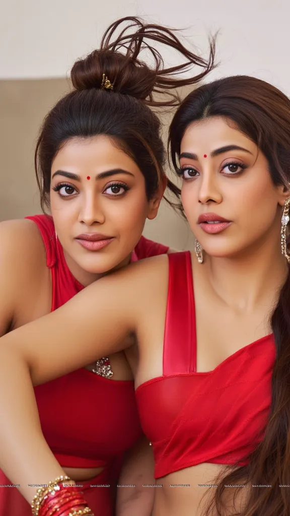 two person photo,a 32 year old indian stepmom kajal sitting with 32 year old aunty janhavi kapoor ,both women are in red strap bra,deep cleavage,big boobs,hourglass figure,both smiling coyly,looking at the viewer,hairs tied,they both have bindi on forehead...