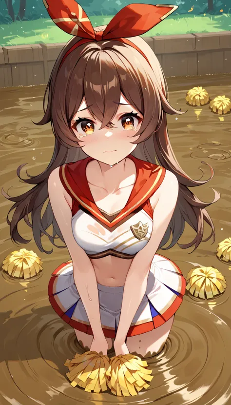 score_9, score_8_up, score_7_up,source_anime, high res image,masterpiece,best quality,girl,cute face,clear skin,amber_genshin, cheerleader, collarbone, standing, (quicksand, partially submerged), tears in her eyes