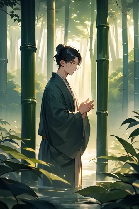  24-year-old male,  green eyes, long black hair , light skin, Wearing Asian male Hanfu 