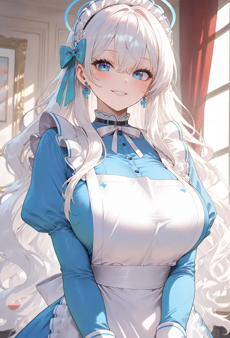 (masterpiece, high resolution, 2k resolution, best quality), (1girl, perfect anatomy, perfect face),  mixed_artwork style, (detailed eyes), beautiful woman, long white hair, wavy hair, blue eyes, big breasts, medival blue dress, white apron, cute face