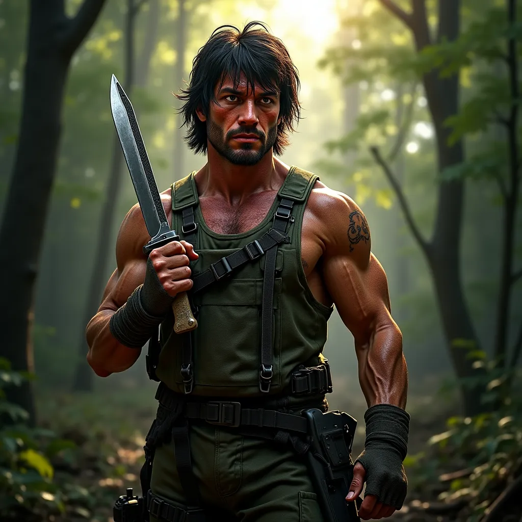 John Rambo with his signature knife.