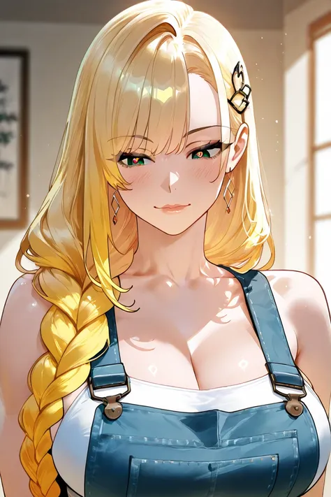 masterpiece, best quality, masterpiece,best quality,official art,extremely detailed CG unity 8k wallpaper, Japanese, girl, mature female, female, very long hair, blonde hair, straight hair, braid, asymmetrical bangs, x hair ornament, light blush, cute face...