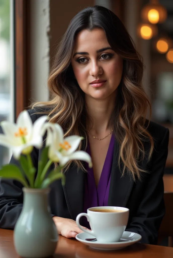 White woman, With long black and gold hair with waves, big, round brown eyes, Weighing about 65kg, sitting in a coffee shop drinking coffee somewhere in Europe, dressed in a European suit with purple details, And on the table there is a vase with lilies