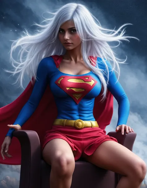 (((superheroine (((Superwoman ))), dressed in (((blue super man suit with the letter S on her chest, with a fluttering red cloak, very red short skirt,  yellow metal belt )))),  Masterpiece , сверхдетализированные обои CG Unity 8K, better quality, cinemati...