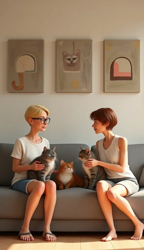 Pixar style 3d 4k, a short-haired blonde woman with round glasses,  is sitting on the large, retractable sofa in the living room with three abstract pictures lined up on the wall next to her cats, A fat gray striped cat with blue eyes and a hairy brown and...