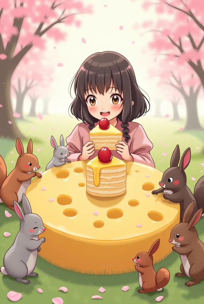 Image generation of Ishihara Satomi eating baumkuchen with a smile and animals eating big cheese around her、Cherry blossoms are falling all around