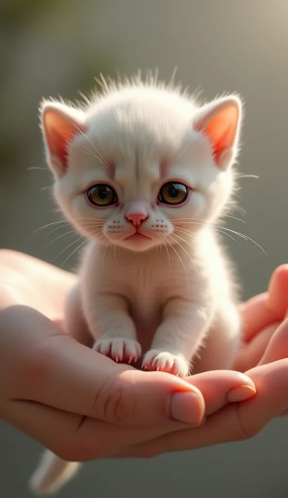 "A cute small kitten sitting on a person's hand." Kitten too small and weeping his eyes