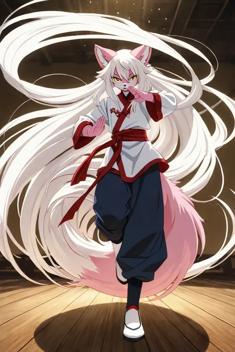 Kitsune male(white and pink fur), fursona, furry, white very long hair, yellow eyes, anime asthetic, with his long white hair, in anime style, handsome anime pose, aesthetic award winning anime, in an anime style, anime. soft lighting, flowing hair,  Full ...