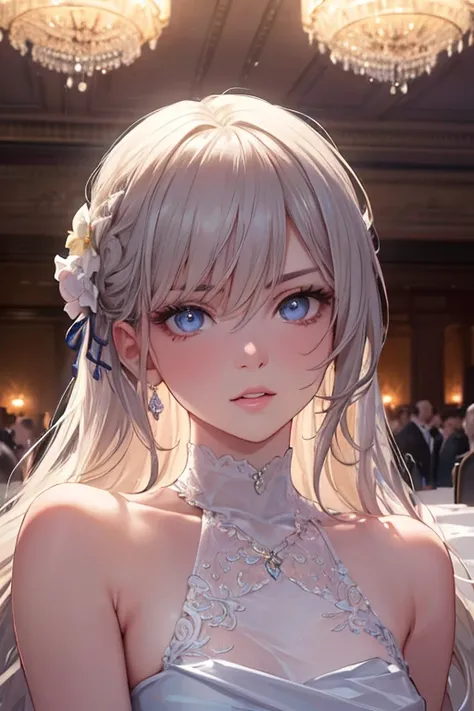 Long Dark blue hair, high ponytail, blunt bangs,piercing violet eyes, cold aloof personality, cold gaze,anime girl, high neck elegant formal dress, vip class, in a banquet hall