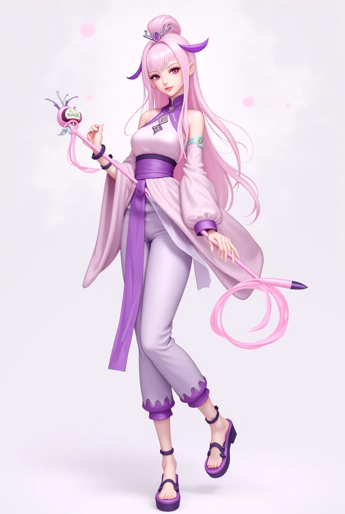 A female character in ancient China, with long light pink hair, light purple jewelry on her head, wearing a light pink blouse with a light purple combination, light pink pants with a light purple combination, Chinese antique Chinese shoes, a light pink and...