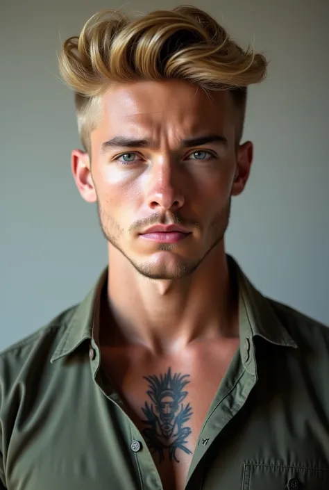 A handsome man, Turkish, blonde hair, blue eyes, shaven face, wearing a shirt, looking like a playboy, a tattoo on his chest, realistic, portrait, hd