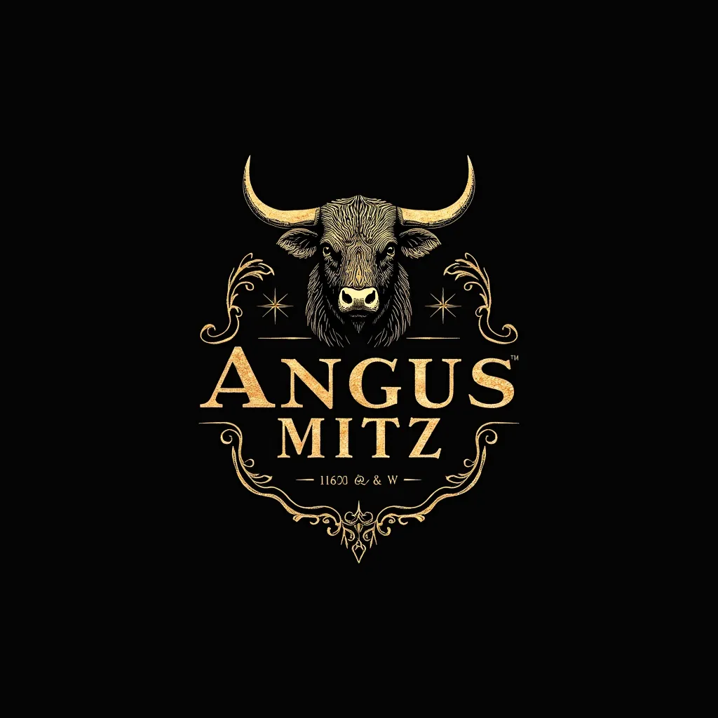 Create an exclusive and elegant logo for the meat brand Angus MITZ, combining the prestige of heraldry with the strength of a bull. The design must include a bull's head illustrated with detailed strokes and a classic style, reflecting nobility and traditi...