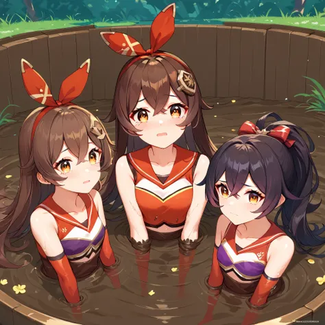 score_9, score_8_up, score_7_up,source_anime, high res image,masterpiece,best quality, mutiple girls, (3 girls),cute face,clear skin,amber_genshin, cheerleader, collarbone, standing, (quicksand, partially submerged), tears in her eyes