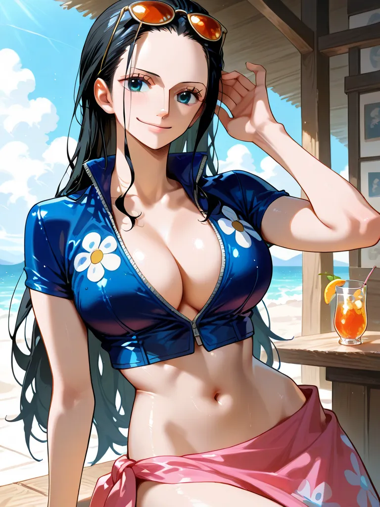 Nico Robin, one piece swimsuit, aquamarine eyes, black hair, breasts, cleavage, collared jacket, crop top, cropped jacket, glasses on head, hair slicked back, hand up, high neck, jacket, large breasts, long hair, looking at viewer, abdomen, belly button, p...