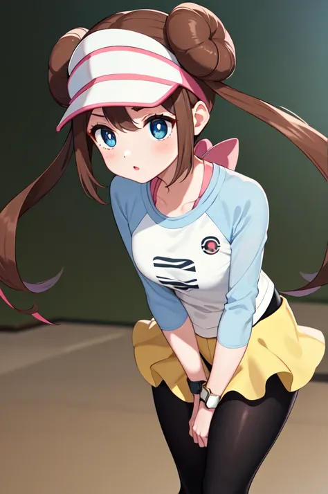 masterpiece, Top quality, High Definition, RO1, Hair bun, Blue eyes, Twin tails, Visor cap, Pantyhose, Raglan sleeves, Yellow shorts, Shirt, Pink bow, Watch, Leaning forward, Gym, Squatting, 30 denier soft touch comfort Tights, See-through, Squatting, Open...