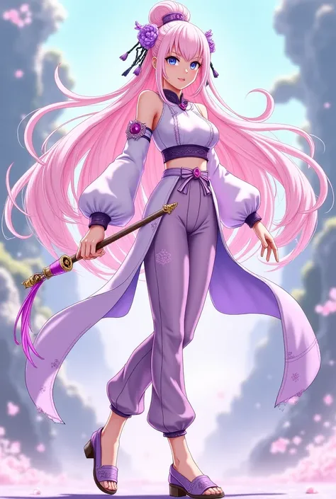 A female anime character in ancient China, with long light pink hair, light purple jewelry on her head, wearing a light pink blouse with a light purple combination, light pink pants with a light purple combination, Chinese antique Chinese shoes, light pink...