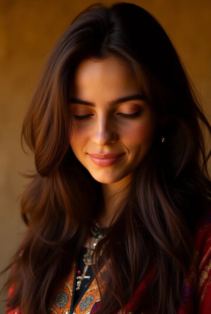 A stunning portrait of a beautiful Afghan woman, captured by National Geographic's lens. Framed against a warm, rustic background, her striking features are illuminated by soft, golden light. , eyes cast downward with a hint of introspection. Her long, hai...