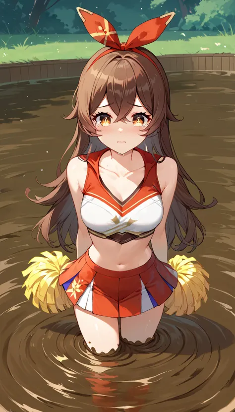 score_9, score_8_up, score_7_up,source_anime, high res image,masterpiece,best quality,girl,cute face,clear skin,amber_genshin, cheerleader, collarbone, standing, (quicksand, partially submerged), tears in her eyes