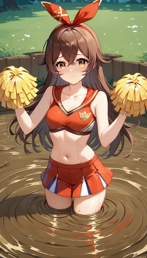 score_9, score_8_up, score_7_up,source_anime, high res image,masterpiece,best quality,girl,cute face,clear skin,amber_genshin, cheerleader, collarbone, standing, (quicksand, partially submerged), tears in her eyes