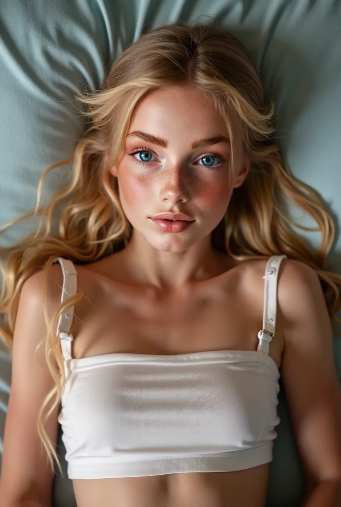  beautiful sexy - AnnaSophia Robb schoolgirl, thin, long blond hair, blue eyes, good bottom, good bottom,  big red lips open ,  frightened ,   Slender legs , good bottom, breasts lying on the bed with LEGS SPREAD, ultra realistic, in glasses,  taking off h...