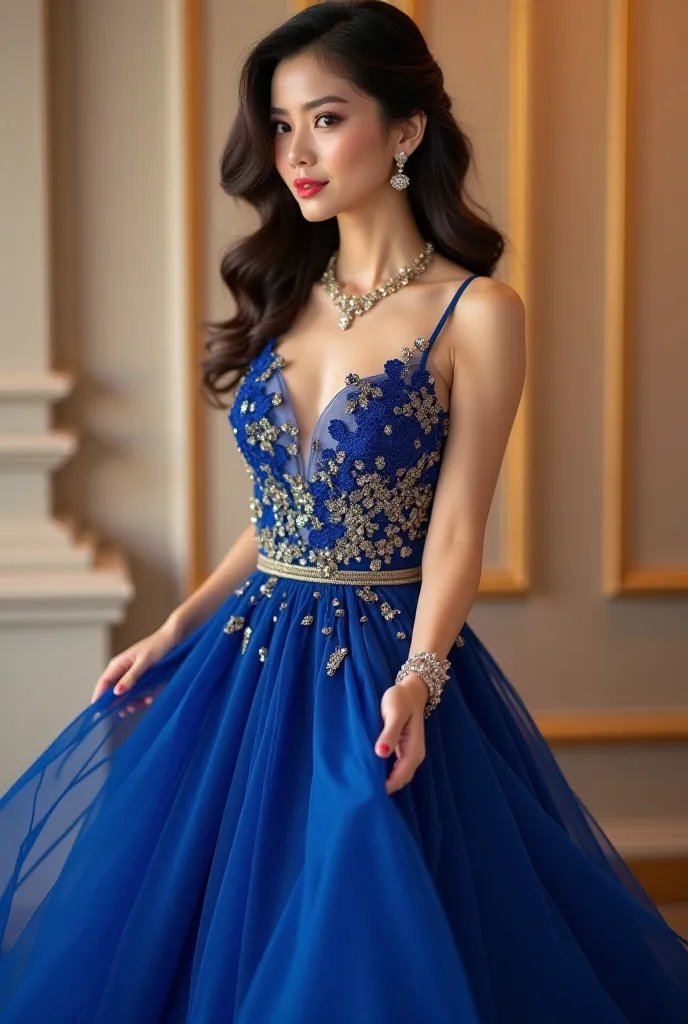 Create very beautifulstino Asia. Lady wearing party dress or outfit in royal blue and champagne colour with matching shoes and jewerries