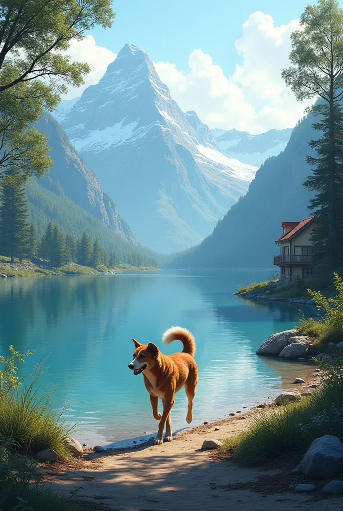 A dog walking on mountain Lake side street