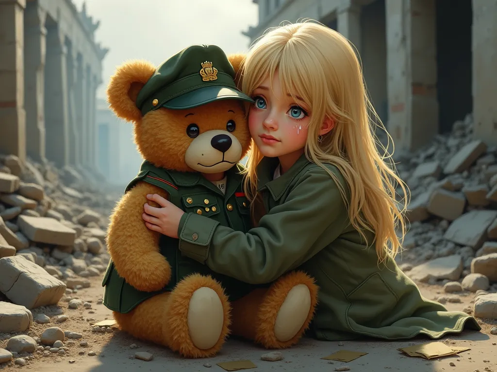 war environment
a little bear dressed as a soldier hugs a blonde  who is crying, her house is destroyed and she has lost her parents