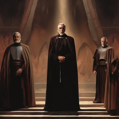 count dooku looking disapointed looking at the jedi council; very realistic, much detailed and surounded by jedi