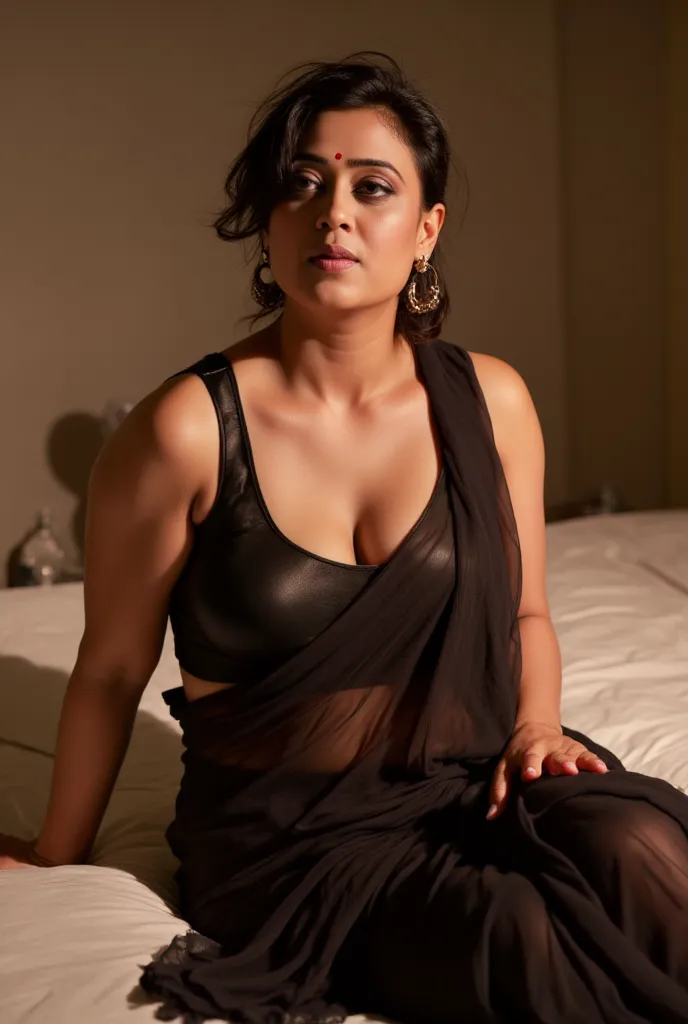 photo of 45 year old Voluptuous Mature Indian aunty with white skin, wearing Transparent black saree and Black sleeveless Blouse, showing her large U cut Cleavage, Red Sindoor on her forehead, Hair messed up, nice curves, sitting on hotel room bed with thi...