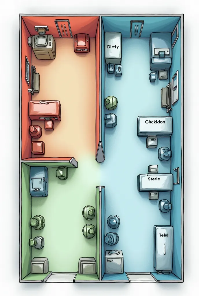 You can create a plan of the sterilization center with different colors, ( red dirty area , blue clean area , sterile donut green but separating each color and in order in a straight line that has doors each with the entrance that says dirty entrance and c...