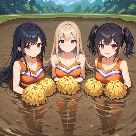 score_9, score_8_up, score_7_up,source_anime, high res image,masterpiece,best quality, mutiple girls, (3 girls),cute face,clear skin, cheerleader, collarbone, standing, (quicksand, partially submerged), tears in her eyes, facing each other