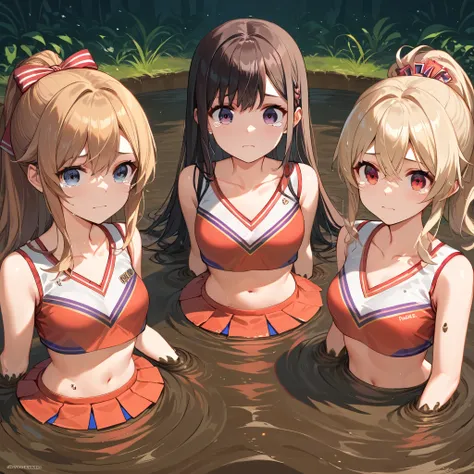 score_9, score_8_up, score_7_up,source_anime, high res image,masterpiece,best quality, mutiple girls, (3 girls),cute face,clear skin, cheerleader, collarbone, standing, (quicksand, partially submerged), tears in her eyes, facing each other