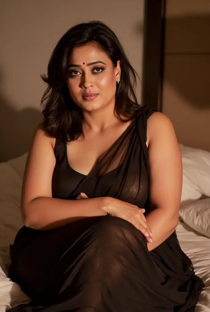 photo of 45 year old Voluptuous Mature Indian aunty with white skin, wearing Transparent black saree and Black sleeveless Blouse, showing her large U cut Cleavage, Red Sindoor on her forehead, Hair messed up, nice curves, sitting on hotel room bed with thi...