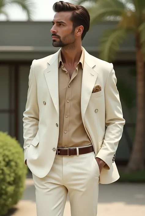 A  MALE wearing beige shirt tucked in milky white pants and wear a white shirt jacket out side