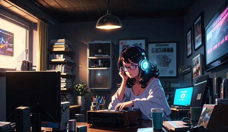 A young gamer girl with voluminous curly hair and large glasses sits in her room, illuminated by soft neon purple and blue lights. She wears a cozy oversized sweater and LED-lit headphones. Her eyes are focused on her PC screen, where a pixel art game is r...