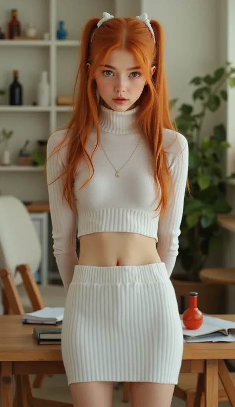 ultra realitic cinematic photo masterpiece, Highest quality, One young   girl , alone, Are standing, Lips parted, Redhead, Twin tails, extremly long ginger hair, Yellow Eyes, Hair Scrunchie, smalll perky breasts, View your viewers, White skintight cropped ...