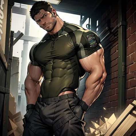 In a masterpiece of high resolution, a 35-year-old man stands alone, elegantly posed against the backdrop of a dark, gloomy hallway. The man is identified as Chris Redfield, renowned for his tactical prowess, and he is (((dressed in a military tactical pan...