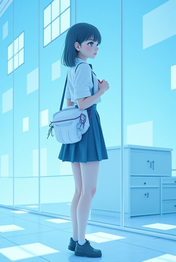 Help me create a student girl from Fault Blue Tourqui with white squares, white blouse and black shoes, With a diaper to clean the classroom looking to the right 