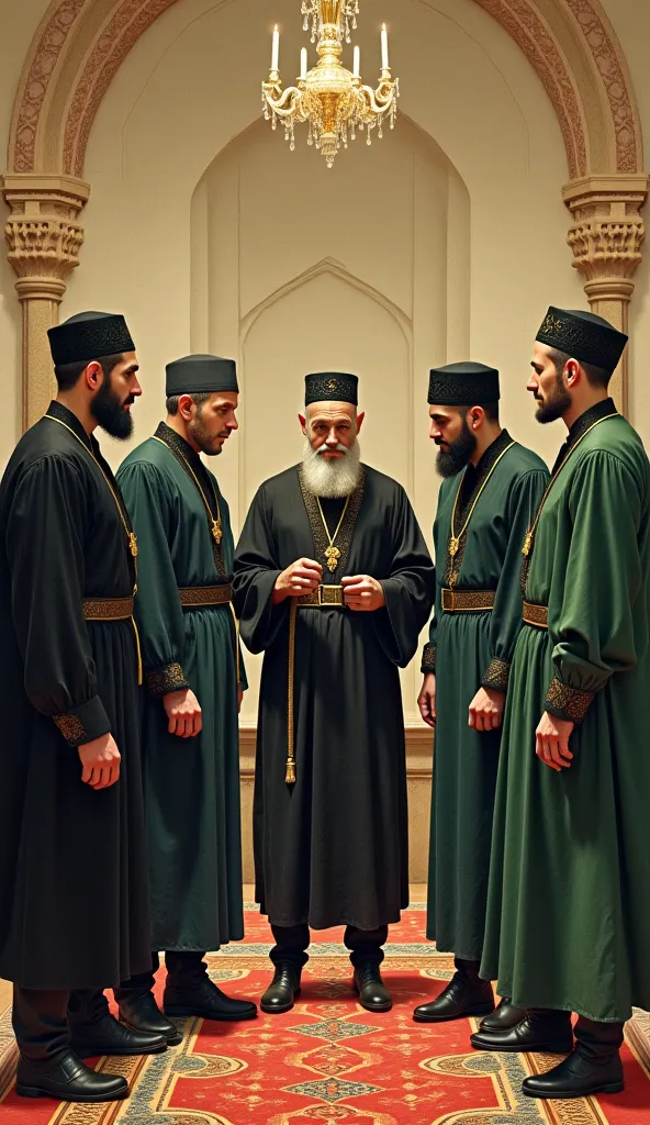 Generate image in Ottoman miniature painting style representing the Mihna (Inquisition) during Abbasid period, portray the Caliph (middle aged man dressed in black and green scruffy beard) and 5 representatives from each schools being Athari (young stocky ...