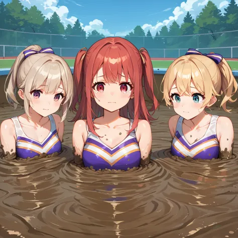 score_9, score_8_up, score_7_up,source_anime, high res image,masterpiece,best quality, mutiple girls, (3 girls),cute face,clear skin, cheerleader, collarbone, standing, (quicksand, partially submerged), tears in her eyes, (facing each other)