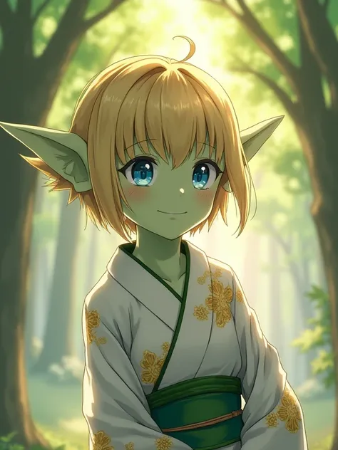 ((masterpiece)), 1 girl, goblin girl, colored skin green, high resolution, short hair,  green leather, sharp ears, blue eyes, blonde hair, blushes, jealousy , Flirting,  smile, she is wearing a white kimono with gold patterns, , aesthetically pleasing, hig...