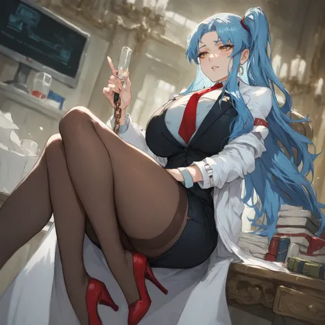 best quality, masterpiece, extremely detailed, highres, 1girl, solo, amazing quality, AngelaLC, long hair, side ponytail, blue hair, yellow eyes, red necktie, black pencil skirt, labcoat, black vest, white shirt, black pantyhose, red shoes, huge breasts, s...