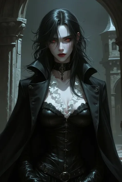 woman, pale skin, gothic makeup, vampire, red eyes, voluminous black hair, pointed ears, look of superiority, dark castle, Countess, low-cut white blouse with details and ruffles, black leather corset, black leather cause, black leather boots.