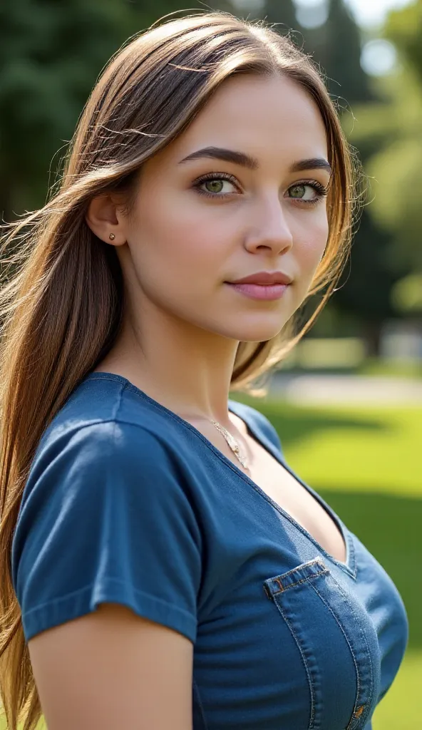 ( RAW Photo, 4K,  Masterpiece , high resolution, Extremely complex) (realistic: 1.4), cinematic lighting,  1 girl, focus on just one thing, Summer afternoon,  hot ,  Denim lens, in a green park,  Short-sleeved t-shirt 