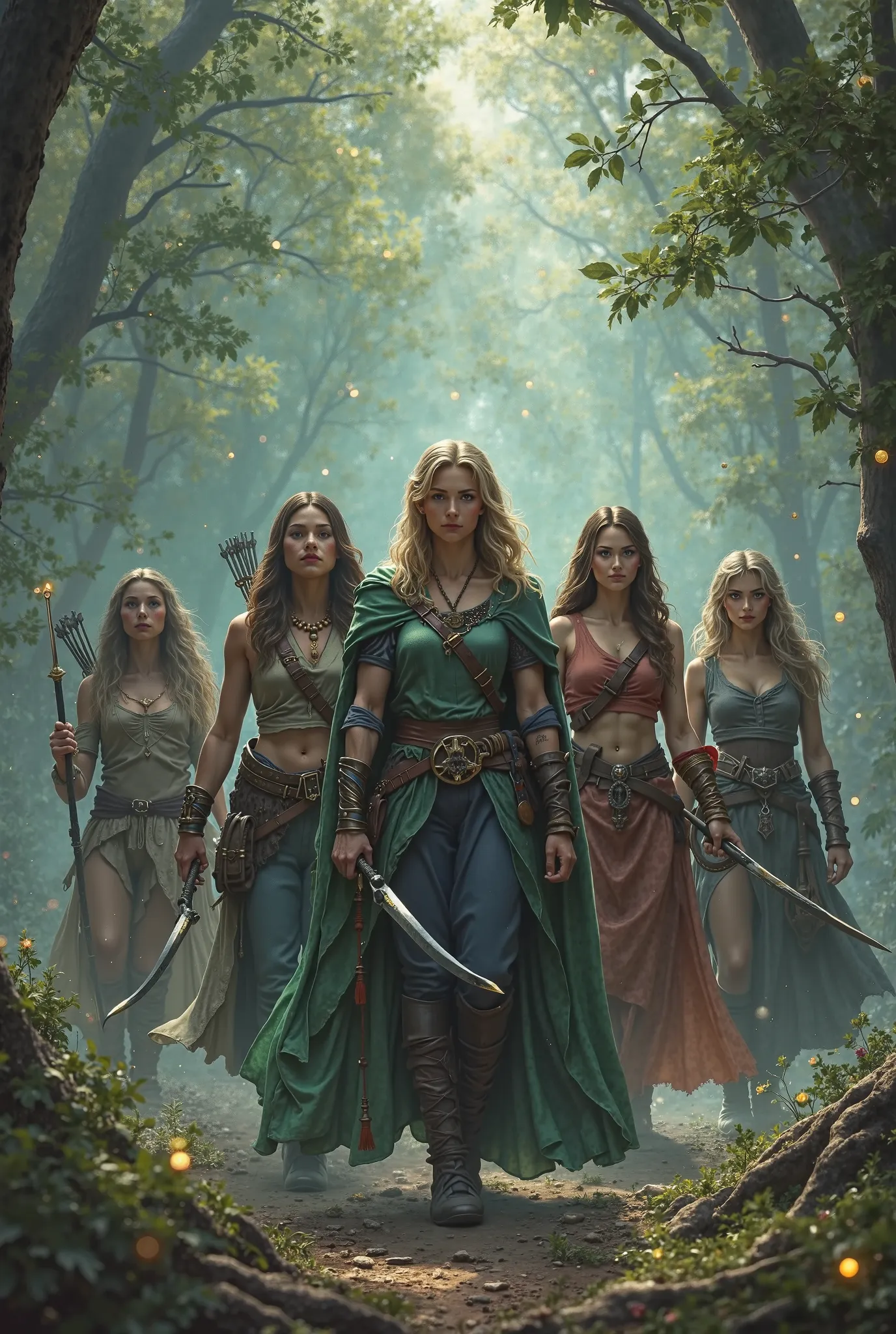 5 adult women, the first one with a bow and arrow, the second one with a sword, the third with a shield covering everyone, fourth with magic balls in hand, fifth with big fists, they're all in a magical forest in the midst of a battle