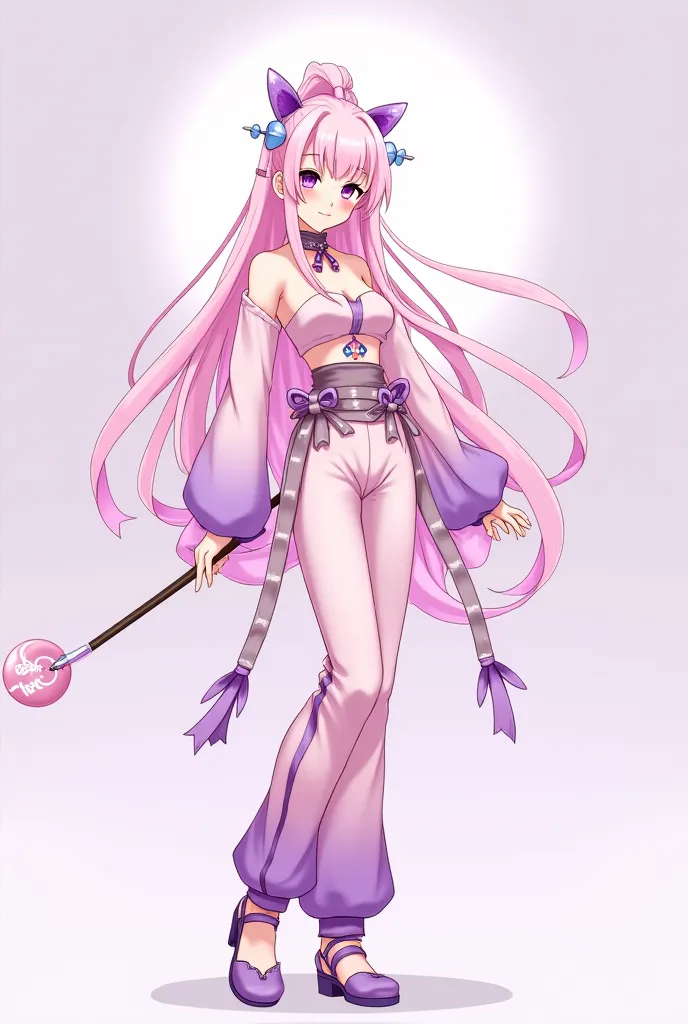 A female anime character in ancient China with long light pink hair with light purple jewelry on her head, wearing a light pink blouse with a light purple combination, light pink pants with a light purple combination, Chinese antique Chinese shoes, light p...