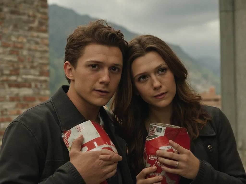 ( Masterpiece , High quality, high resolution, realistic photo,  photo ) Tom and Elizabeth , there's a brick wall behind them, Soviet style, ,  cloudy weather, depression, in the hands of their banks "coca-cola", sexy pose