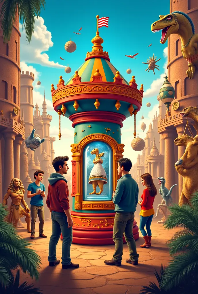 presents a colorful time machine in the center, surrounded by the main characters in comic situations: Sofia a 20-year-old woman looking at an instruction manual, Miguel a 23-year-old man trying to take a selfie with a pharaoh, Clara a 21-year-old woman la...