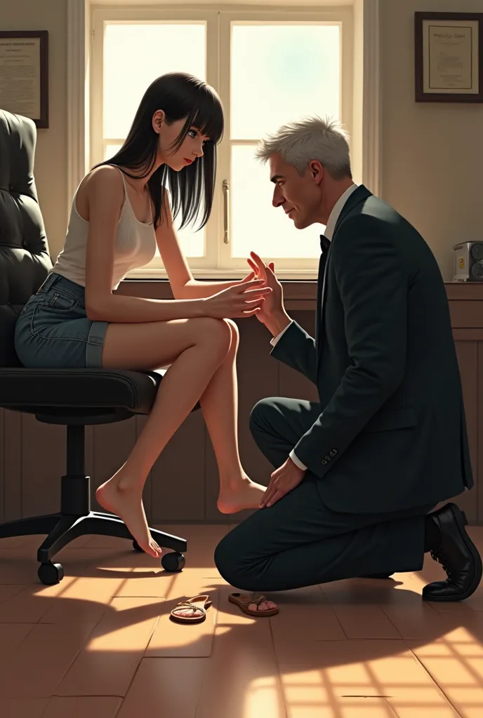 We are in the office of a middle-aged university professor. In his chair sits a girl of about 20 years. Her feet rest on his desk, with her soles pointing towards the viewer. Her professor kneels opposite her, seems to take in the sight of her soles. We ge...